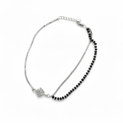 925 Silver Floral Crystal Charm Black Bead Anklet / Payal -RG-8142