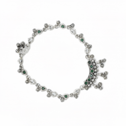 925 Silver Peacock Green Stone Bell Anklet / Payal -RG-8149