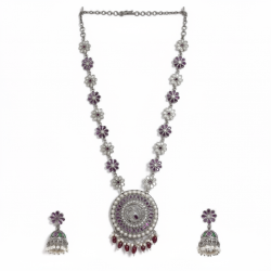 925 Silver Purple Peacock Jhumka Bridal Necklace Set - RG-2493