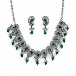 925 Silver Emerald Peacock Cascade Necklace Set - RG-2495