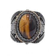 925 Oxidised Silver Men's Ring with Oval Tiger Eye Stone -RG-7783