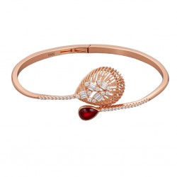 925 Silver Rose Gold Plated Women's Kada with Red Teardrop Leaf Motif-RG-8026