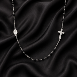 925 Silver Black Bead Cross Mala Chain Necklace -RG-2304