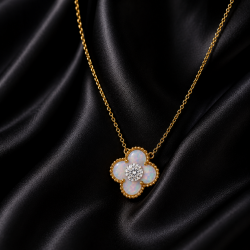 925 Silver Gold Clover Opal Pendant Chain / Mala -RG-2274