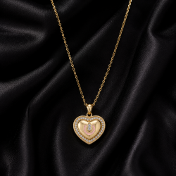 925 Silver Gold Heart Pink Enamel Pendant Chain Mala -RG-2341