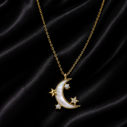 925 Silver Gold Moon Star Pearl Pendant Chain Mala -RG-2345
