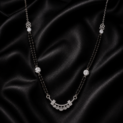 925 Silver Black Bead Curved CZ Bar Pendant Mala -RG-2410