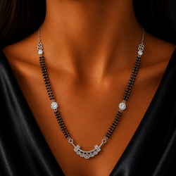 925 Silver Black Bead Curved CZ Bar Pendant Mala -RG-2410