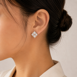 925 Silver Rose Gold Women's Square Pearl Earrings with Monogram H -RG-7858