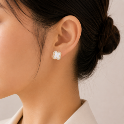 925 Silver Gold Women's Clover Pearl Earrings with CZ Halo -RG-7861