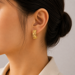 925 Silver Gold Women's Floral Cutout Hoop Earrings -RG-7876