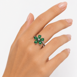 925 Silver Green Emerald Clover Women Ring - RG-7585