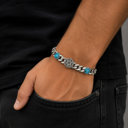 925 Silver Men's Bracelet with Blue Turquoise Stone & Star Charm -RG-2511