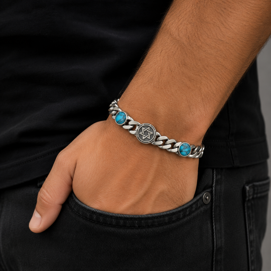 925 Silver Fancy Blue Stone Mens Bracelet