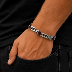 925 Silver Men's Bracelet with Red Stone Accents -RG-2516