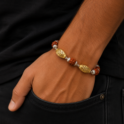 925 Silver Gold Men's Bracelet with Rudraksha & Filigree -RG-2448