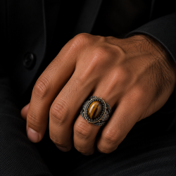 925 Oxidised Silver Men's Ring with Oval Tiger Eye Stone -RG-7783