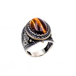 925 Oxidised Silver Men's Ring with Oval Tiger Eye Stone -RG-7783