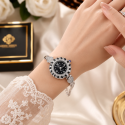 925 Silver Heart Diamond Women's Watch Black Dial - RG-7976